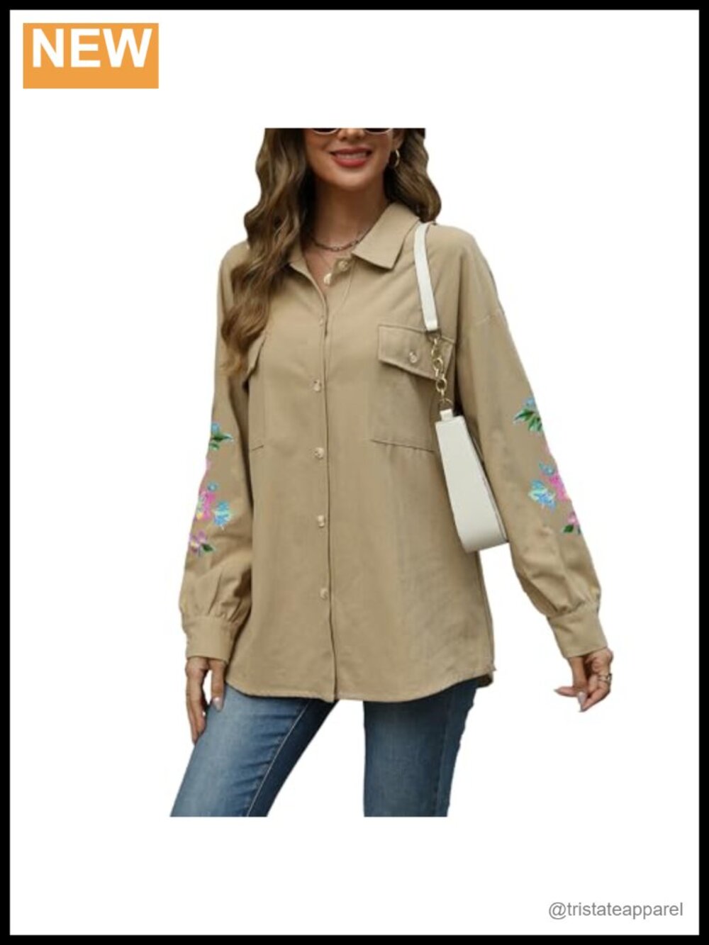 Women's Floral Embroidered Cotton Button Down Shirt with Pocket Long Sleeve